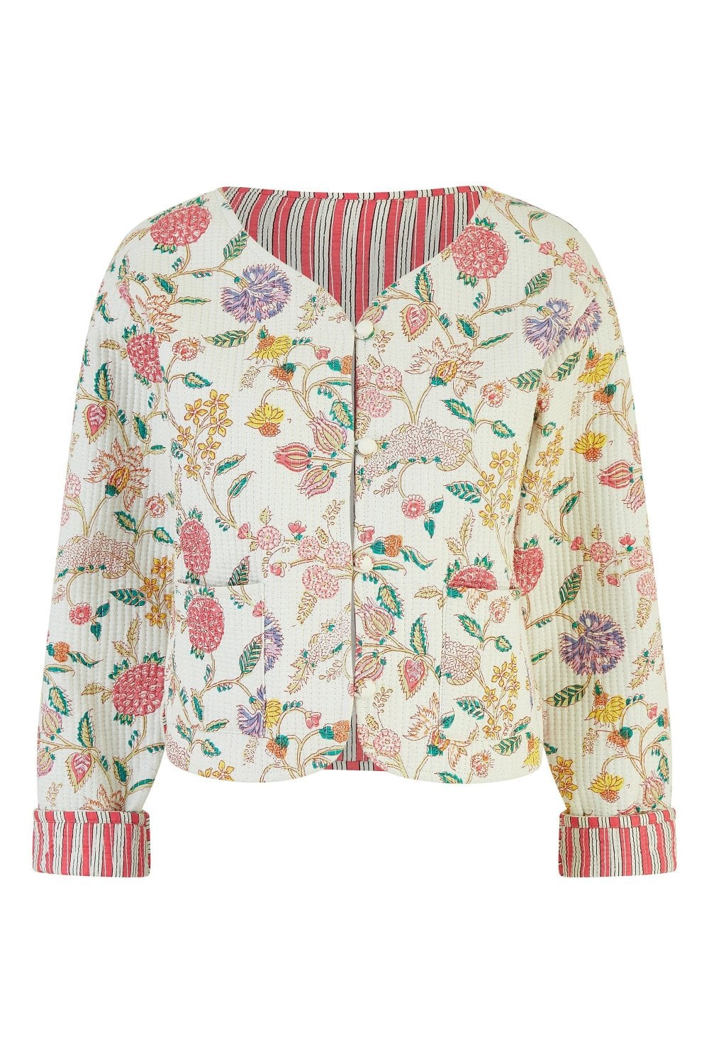 Yumi White Floral Print Reversible Cotton Cropped Quilted Jacket Yumi