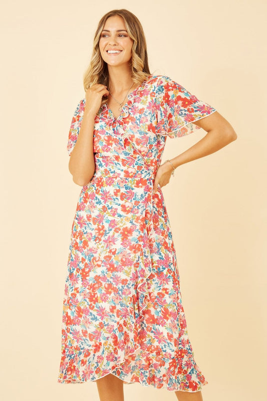 Yumi White Floral Wrap Midi Dress Yumi