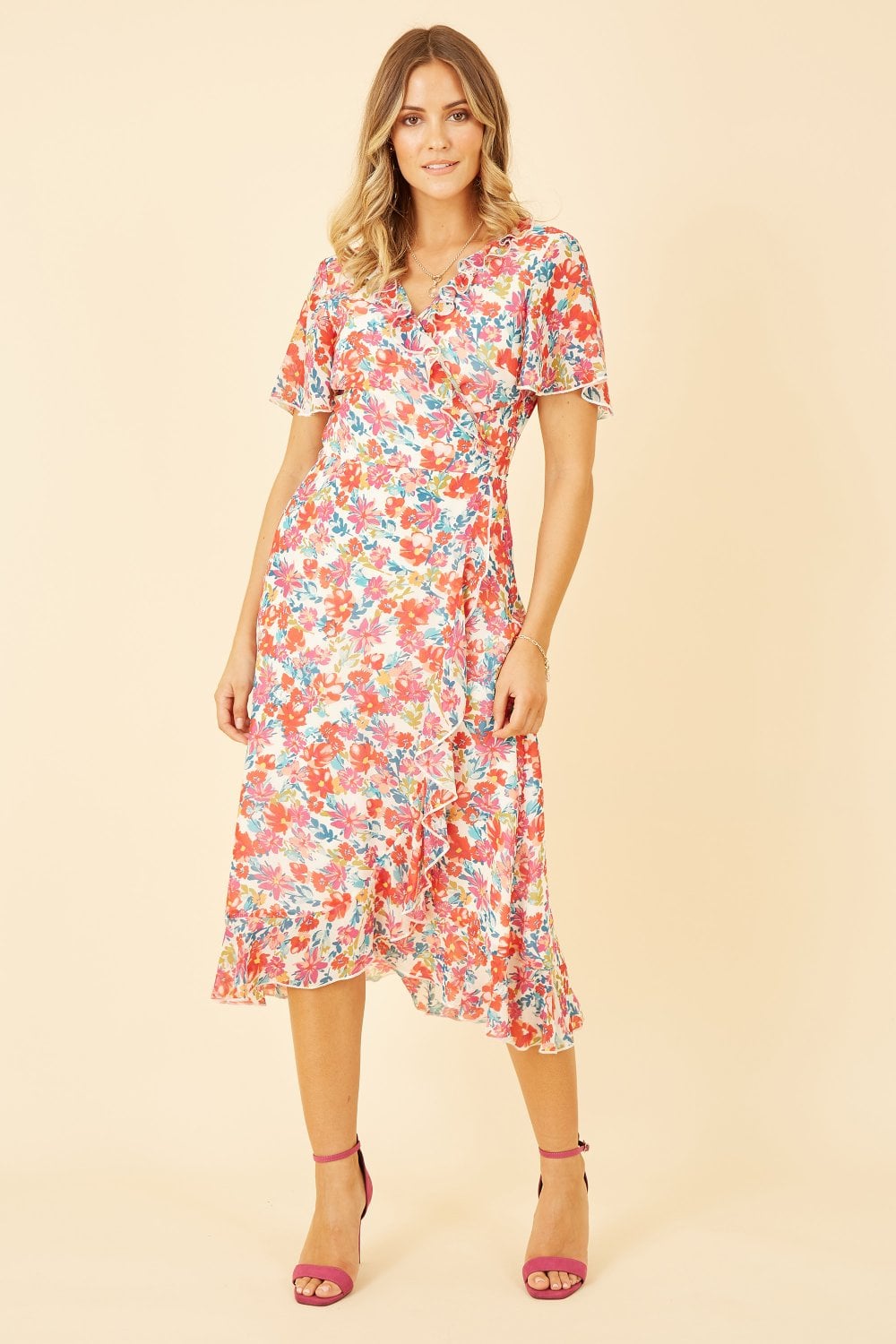 Yumi White Floral Wrap Midi Dress Yumi