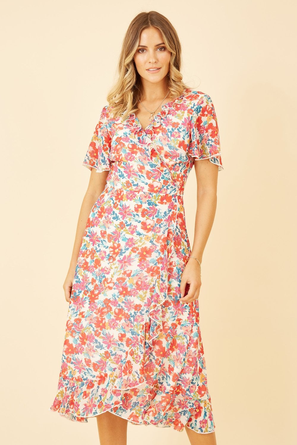 Yumi White Floral Wrap Midi Dress Yumi