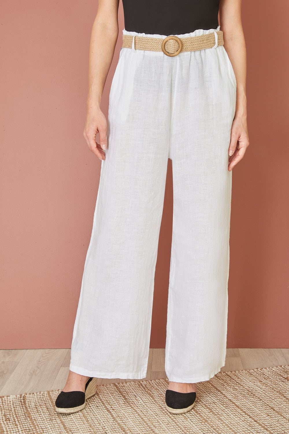 Yumi White Italian Linen Wide Leg Trousers With Belt Yumi