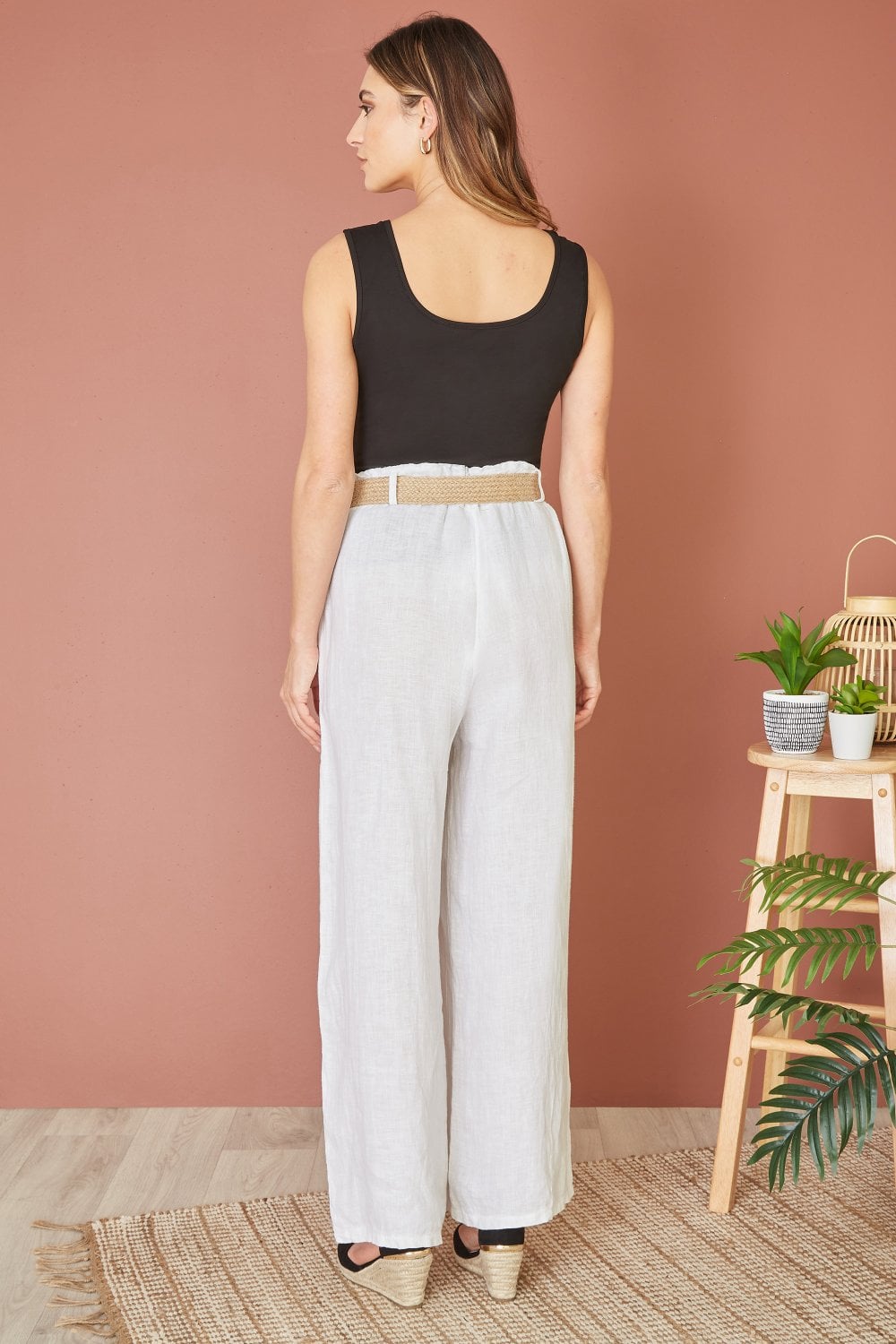 Yumi White Italian Linen Wide Leg Trousers With Belt Yumi