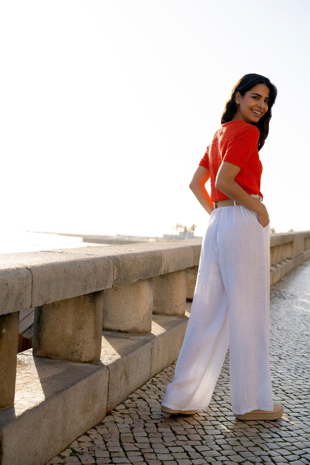 Yumi White Italian Linen Wide Leg Trousers With Belt Yumi