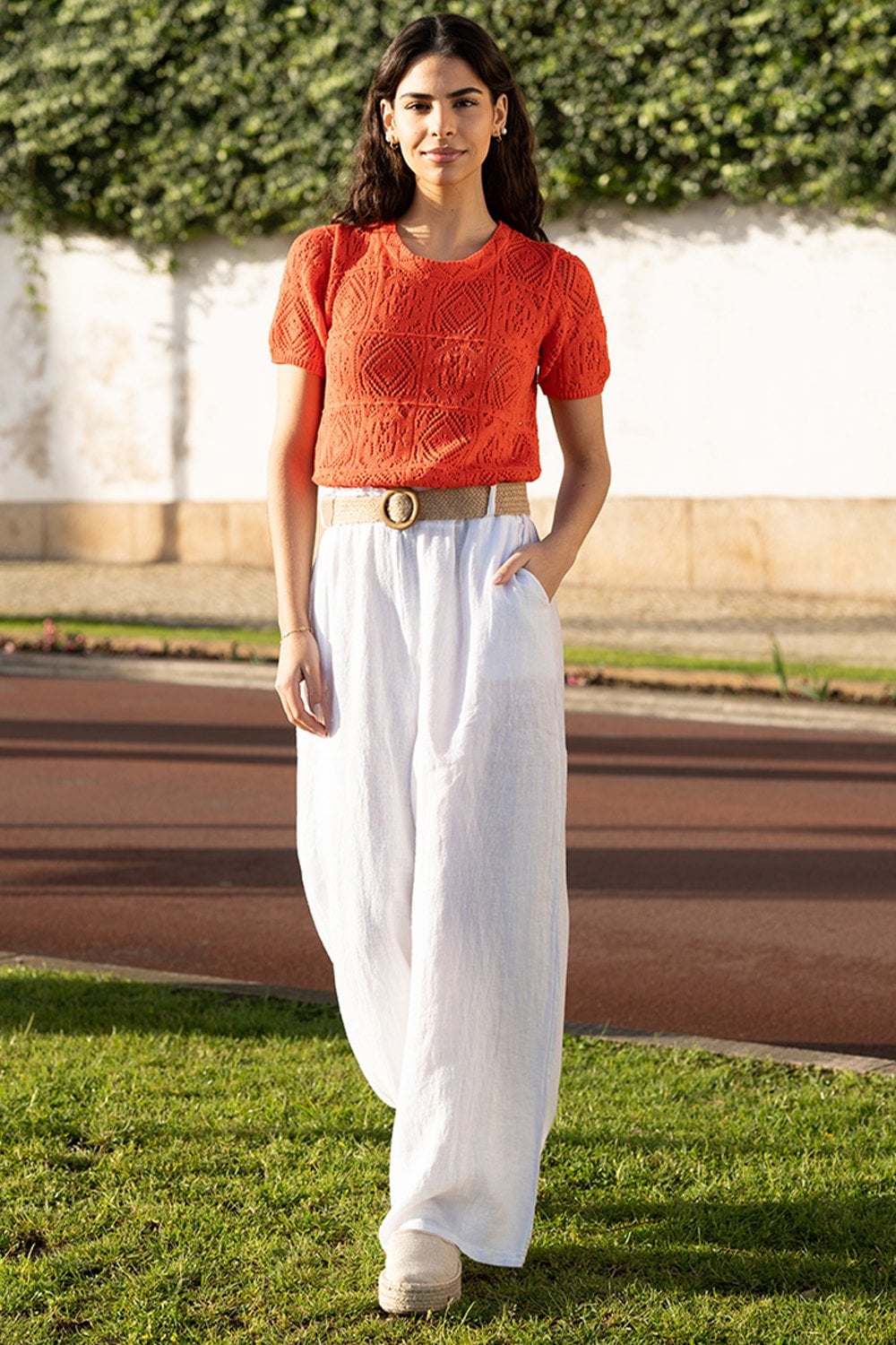 Yumi White Italian Linen Wide Leg Trousers With Belt Yumi