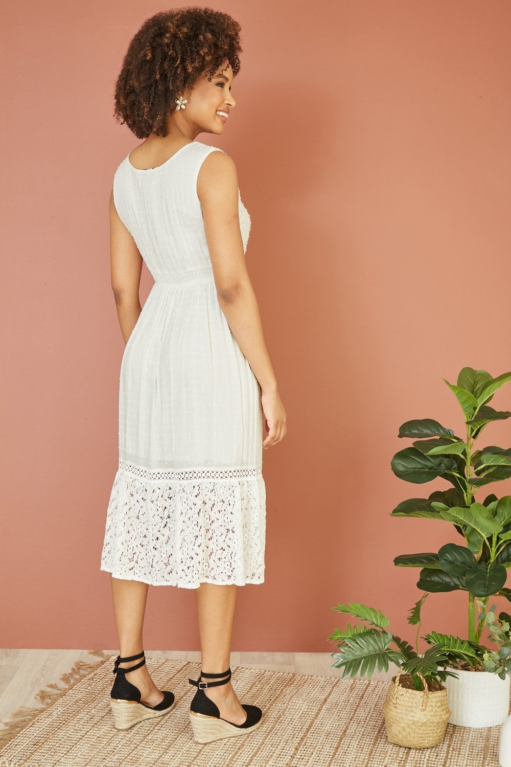 Yumi White Lace And Dobby Cotton Midi Sundress Dress Yumi