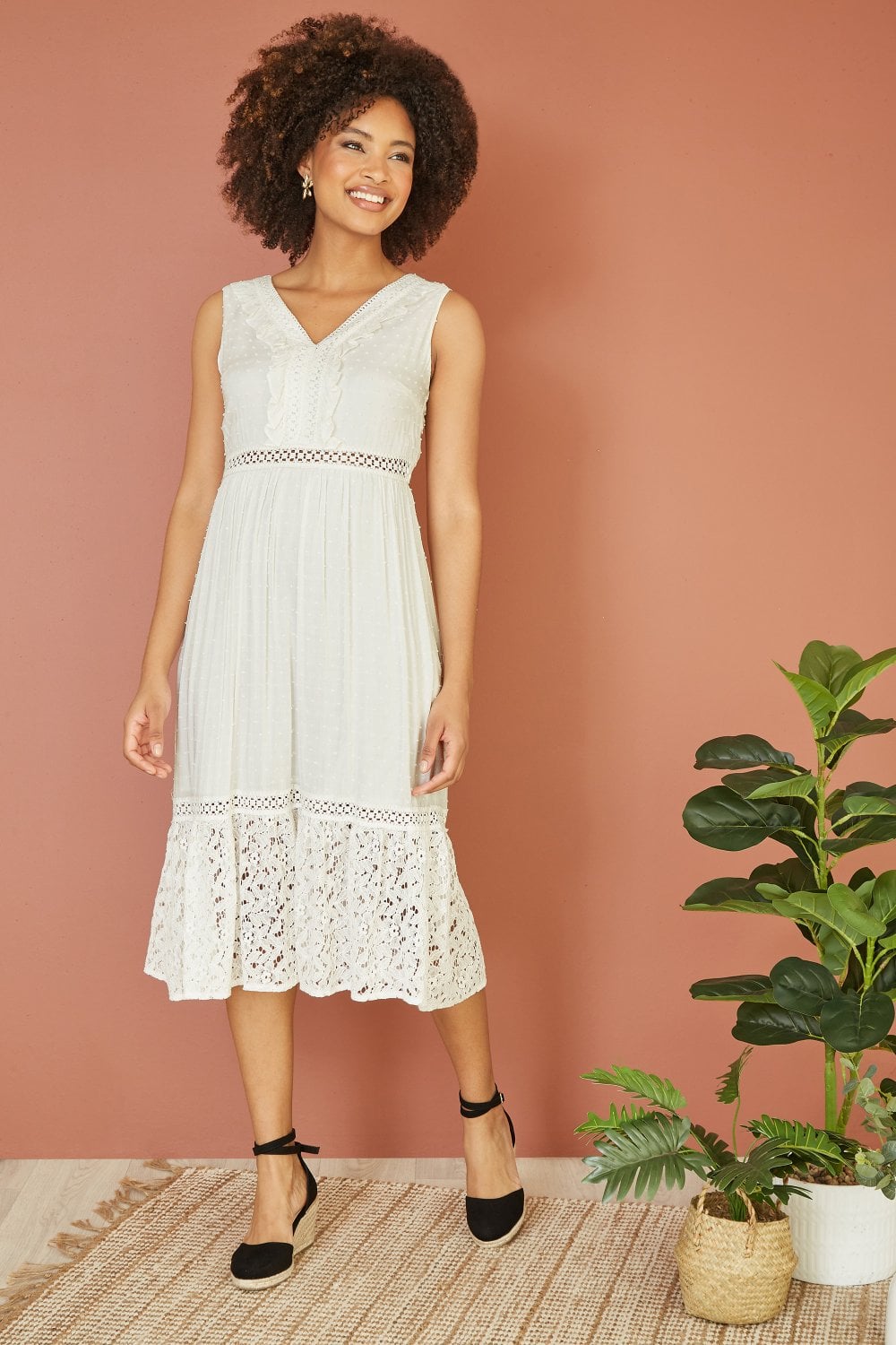 Yumi White Lace And Dobby Cotton Midi Sundress Dress Yumi