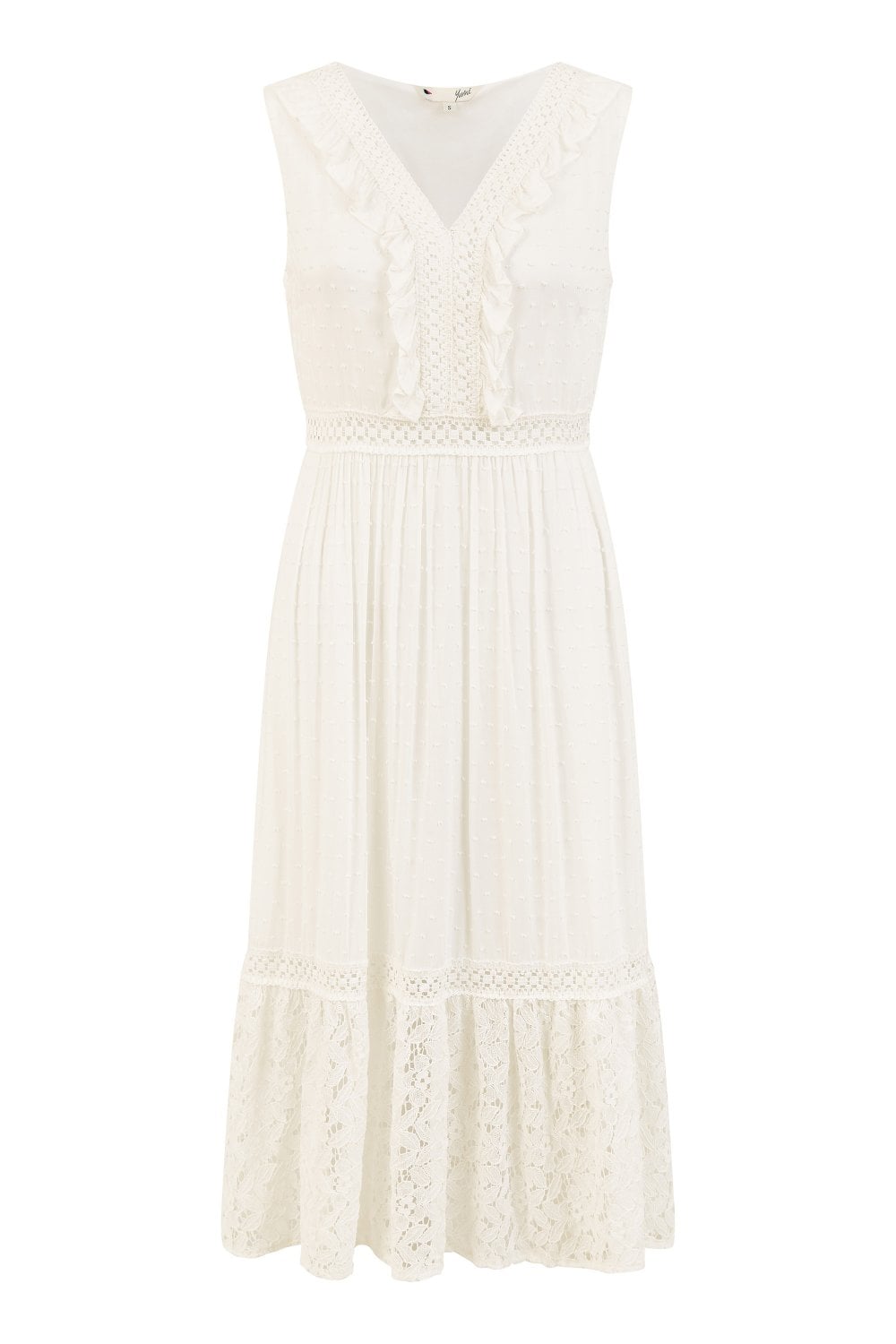 Yumi White Lace And Dobby Cotton Midi Sundress Dress Yumi