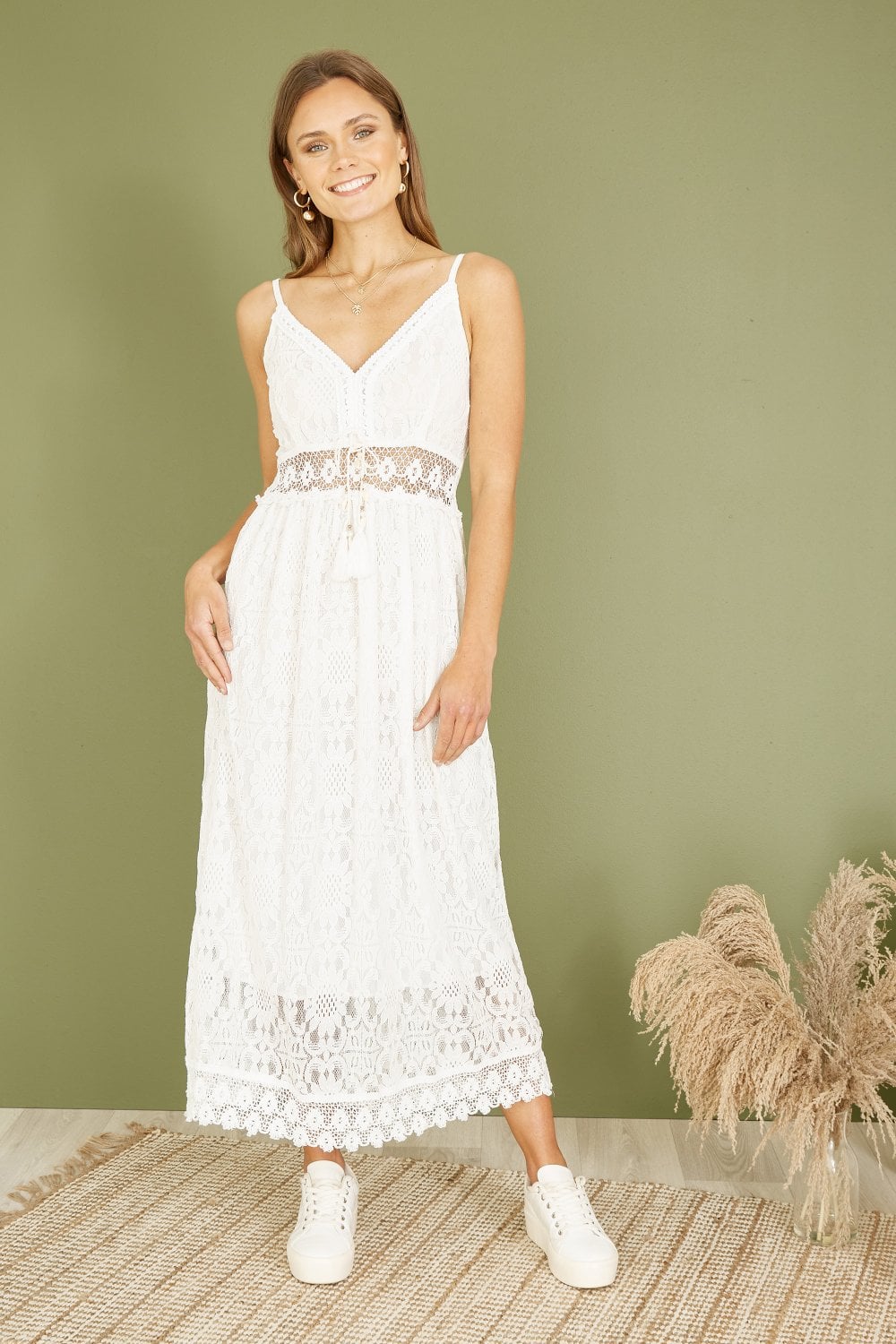 Yumi White Lace Midi Sundress With Tassel Tie and Ruched Back Yumi