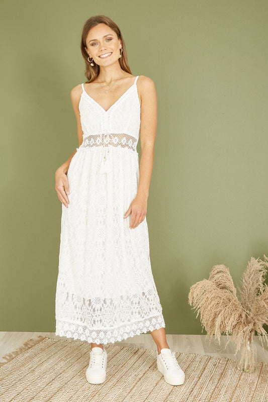 Yumi White Lace Midi Sundress With Tassel Tie and Ruched Back Yumi