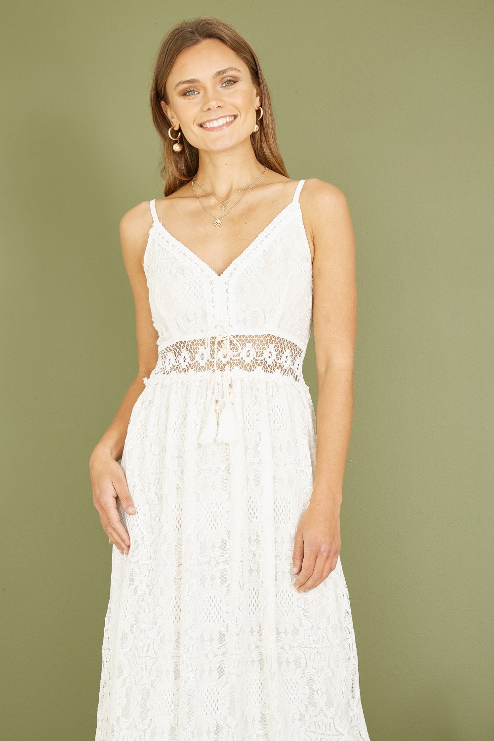 Yumi White Lace Midi Sundress With Tassel Tie and Ruched Back Yumi