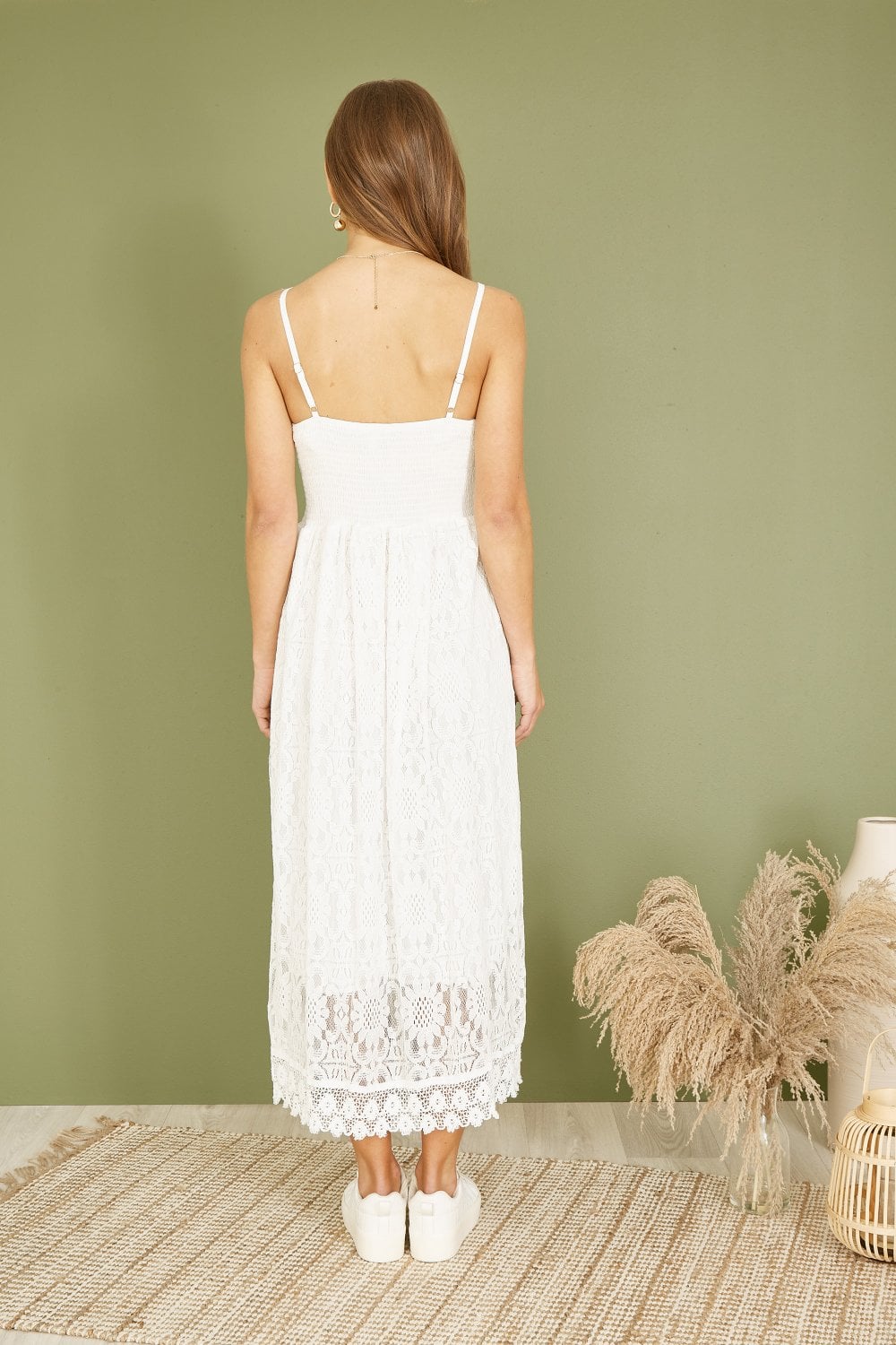 Yumi White Lace Midi Sundress With Tassel Tie and Ruched Back Yumi