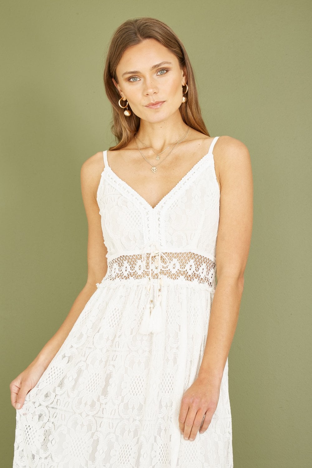 Yumi White Lace Midi Sundress With Tassel Tie and Ruched Back Yumi