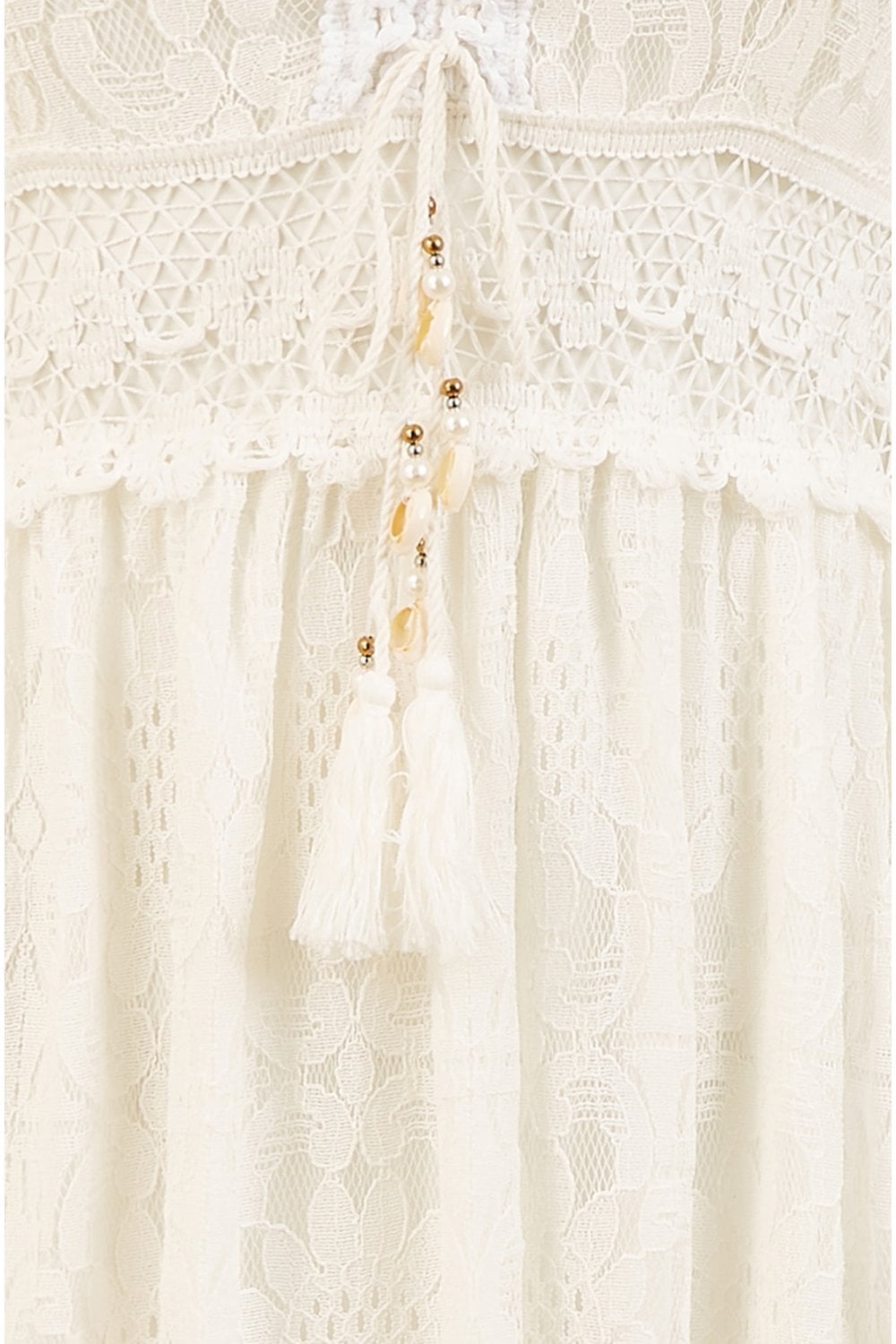 Yumi White Lace Midi Sundress With Tassel Tie and Ruched Back Yumi