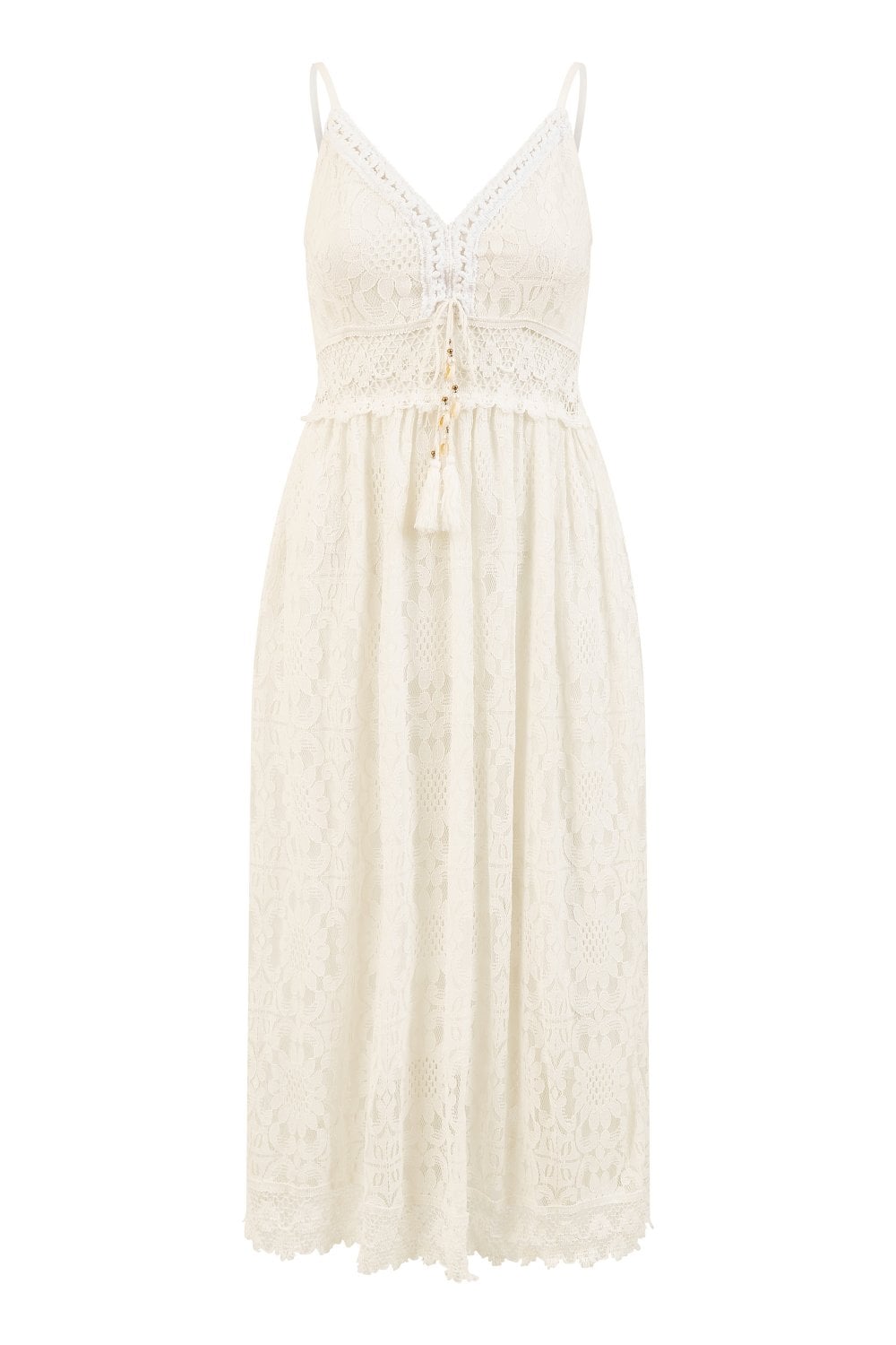 Yumi White Lace Midi Sundress With Tassel Tie and Ruched Back Yumi