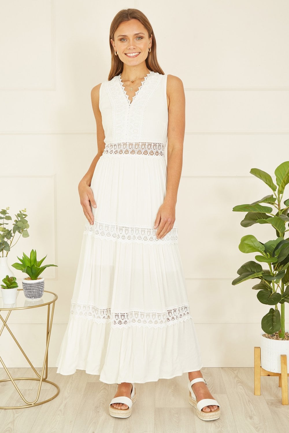 Yumi White Lace Trim Cotton Midi Sun Dress Yumi