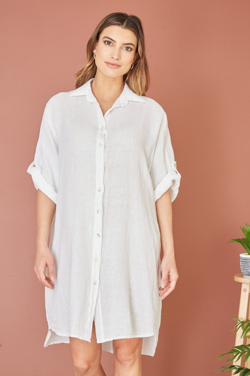 Yumi White Linen Relaxed Fit Longline Shirt Yumi