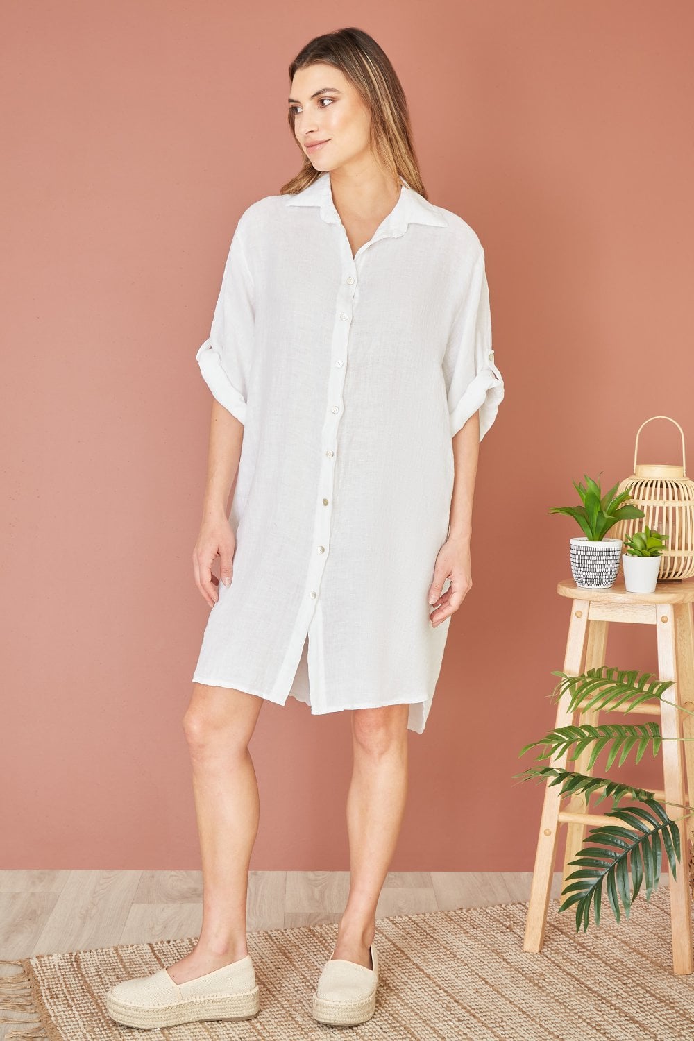 Yumi White Linen Relaxed Fit Longline Shirt Yumi