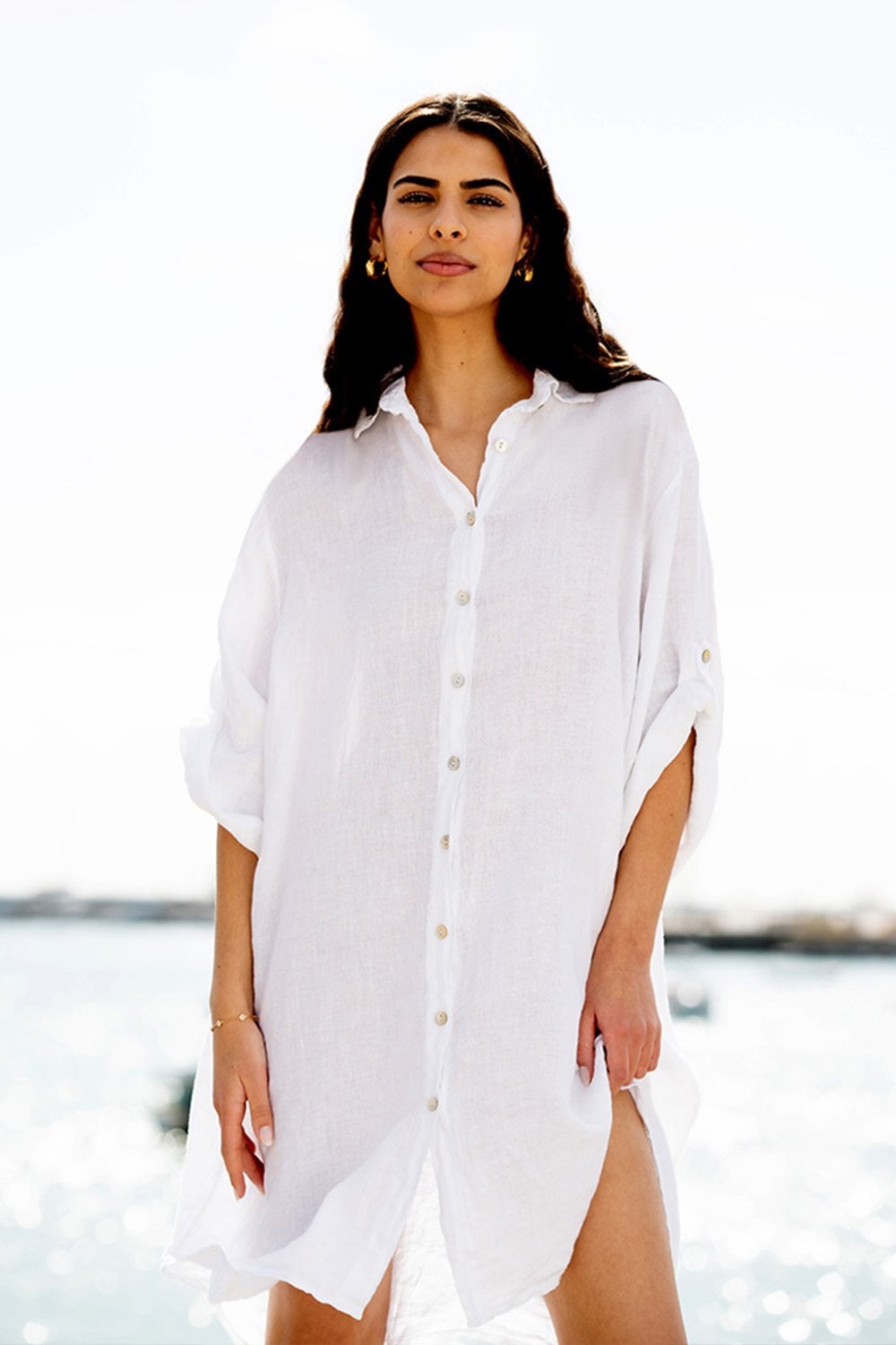 Yumi White Linen Relaxed Fit Longline Shirt Yumi