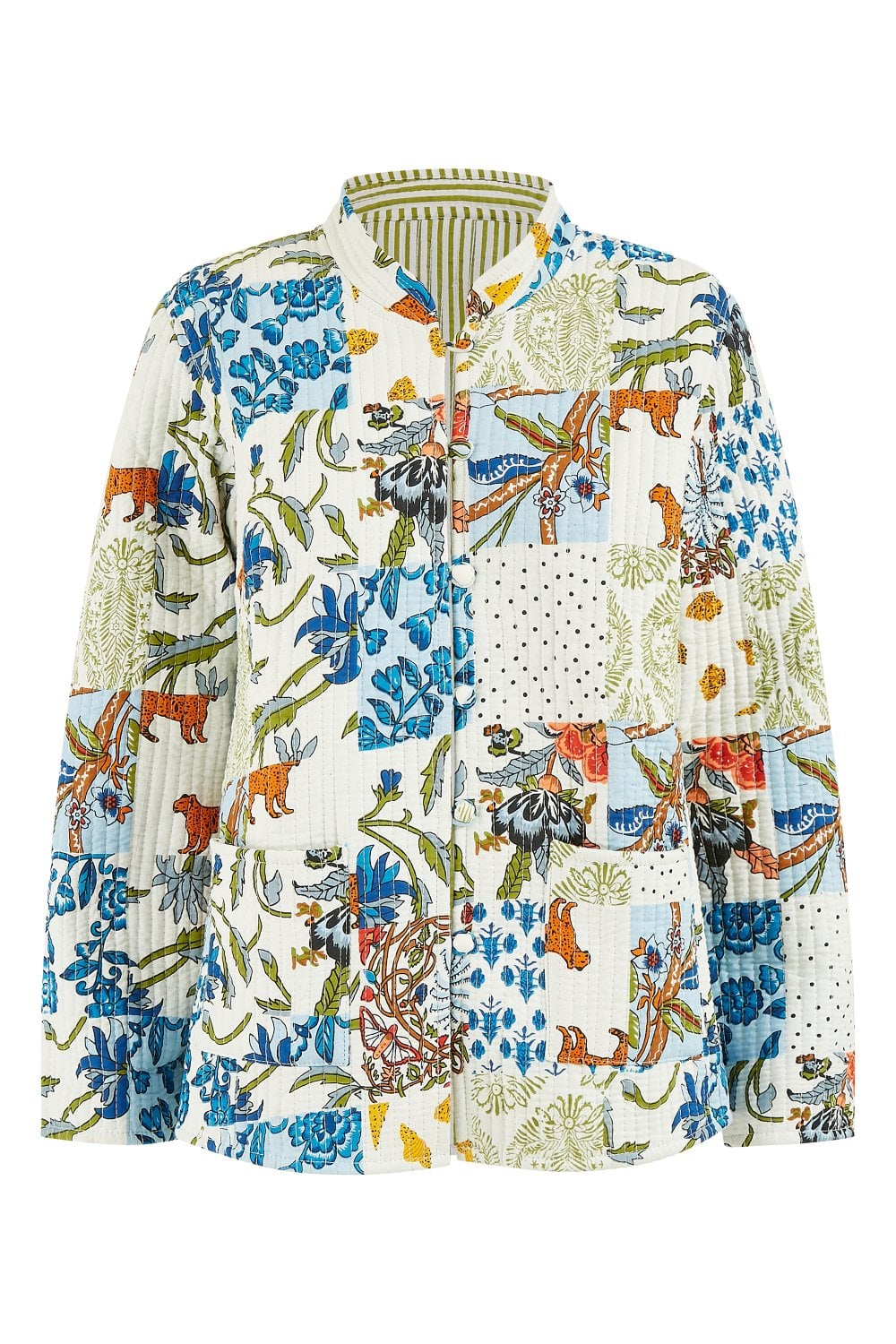 Yumi White Patchwork Print Reversible Cotton Quilted Jacket Yumi