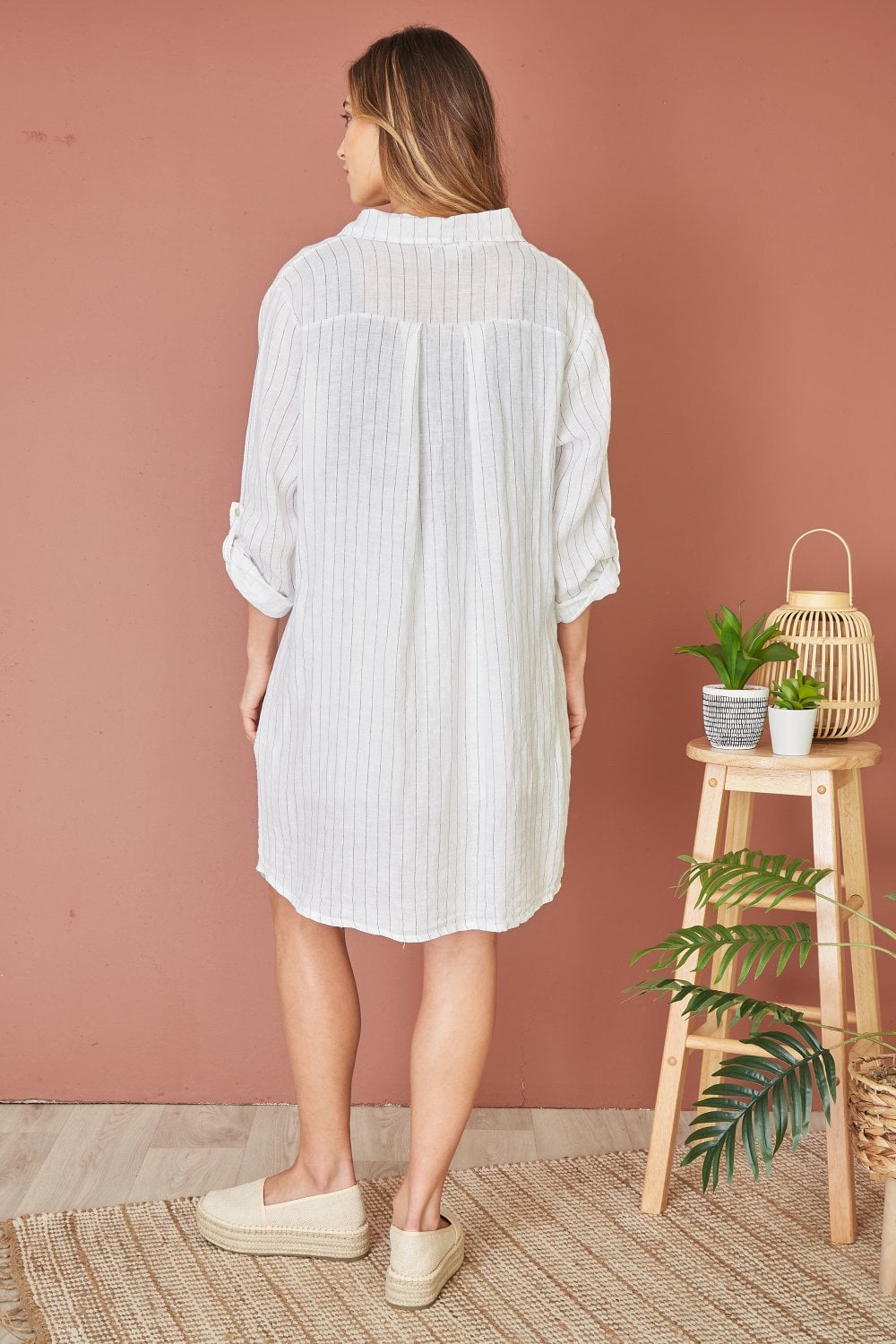 Yumi White Stripe Linen Relaxed Fit Longline Shirt Yumi