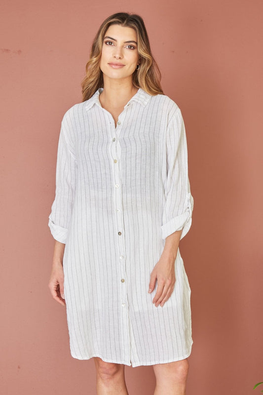 Yumi White Stripe Linen Relaxed Fit Longline Shirt Yumi