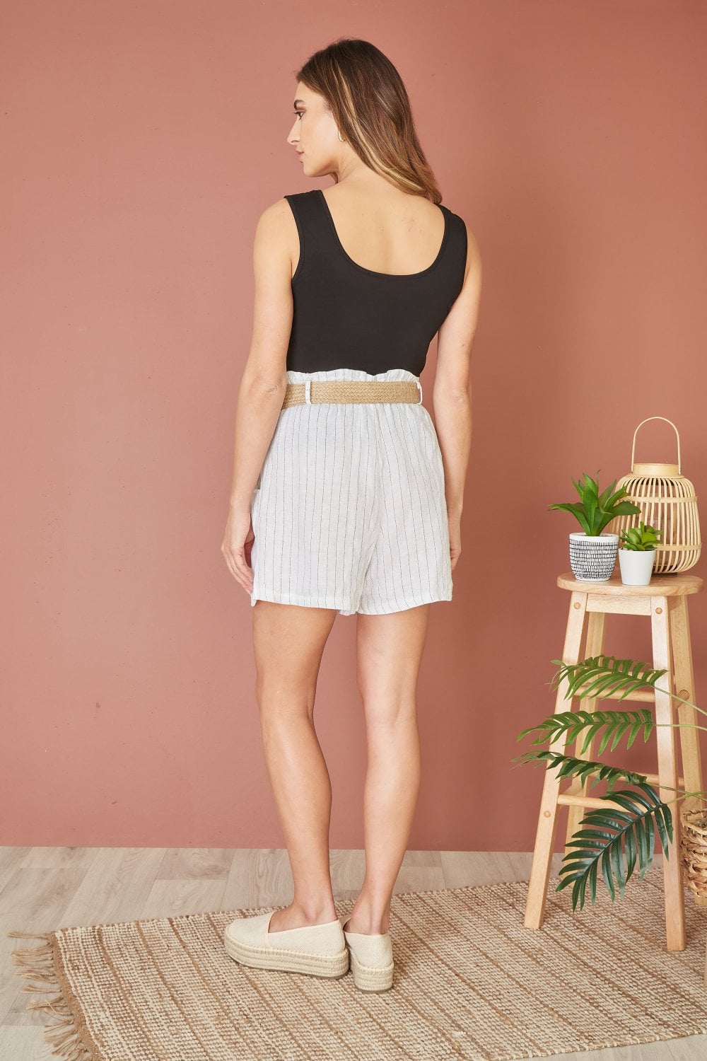 Yumi White Striped Italian Linen Shorts With Belted Yumi