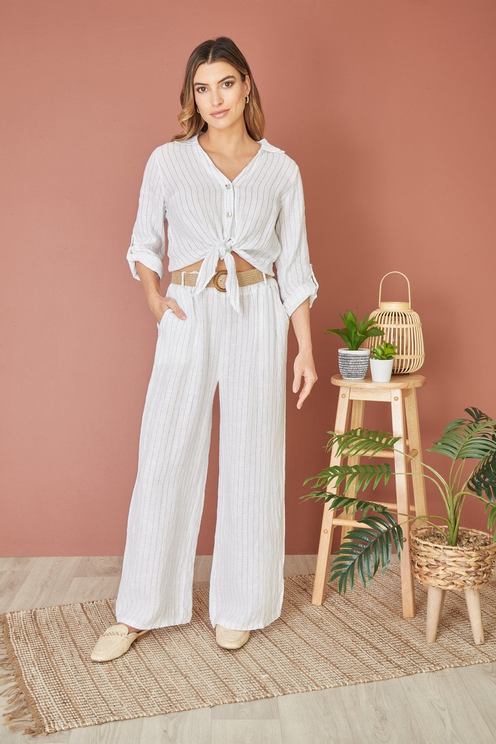 Yumi White Striped Italian Linen Wide Leg Trousers With Belt Yumi