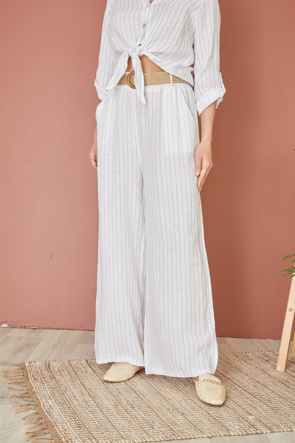 Yumi White Striped Italian Linen Wide Leg Trousers With Belt Yumi