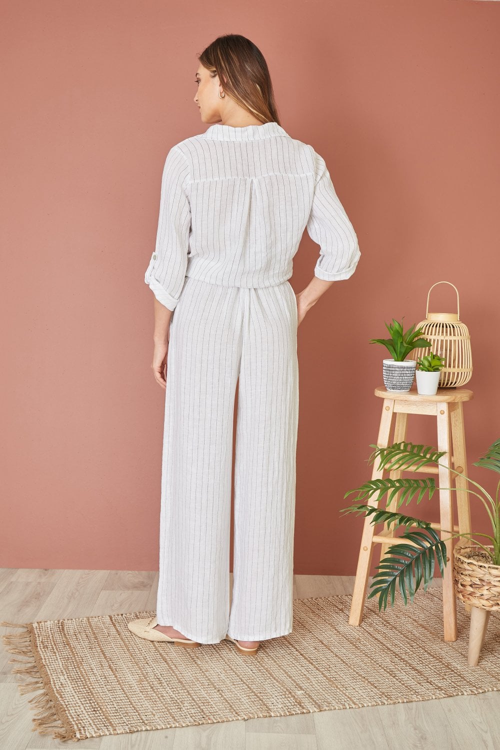 Yumi White Striped Italian Linen Wide Leg Trousers With Belt Yumi