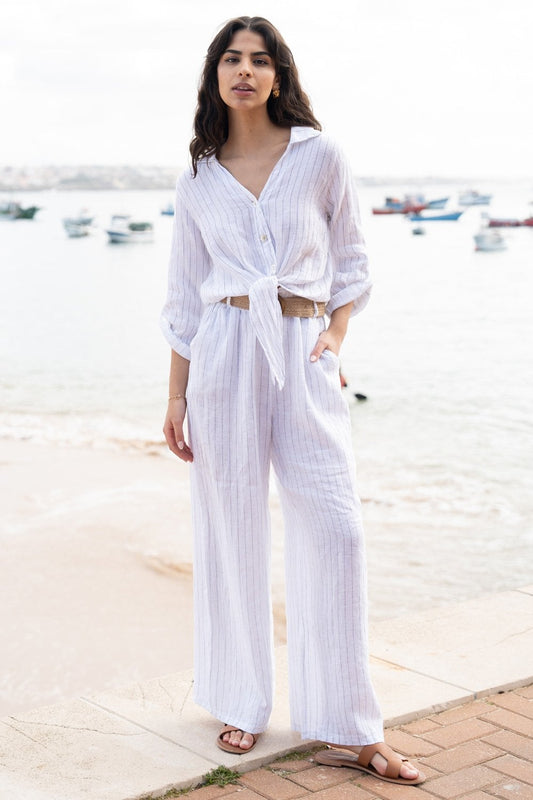 Yumi White Striped Italian Linen Wide Leg Trousers With Belt Yumi