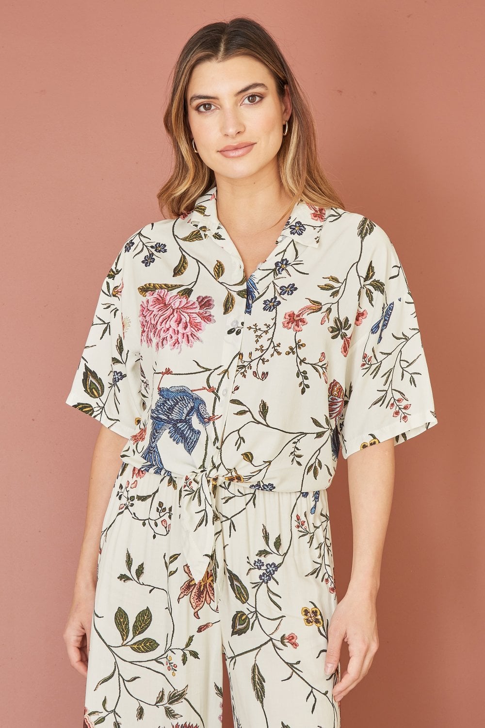 Yumi White Viscose Bird And Floral Print Tie Front Shirt Yumi