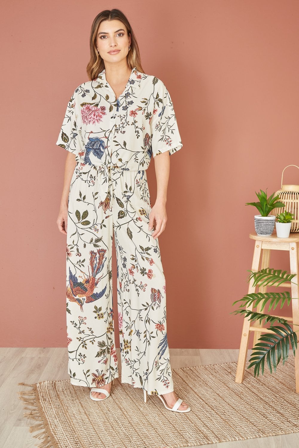 Yumi White Viscose Bird And Floral Print Tie Front Shirt Yumi