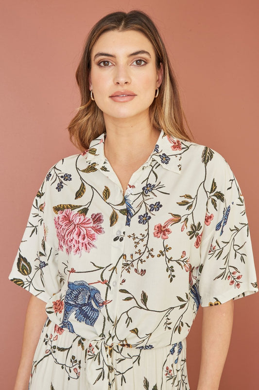 Yumi White Viscose Bird And Floral Print Tie Front Shirt Yumi