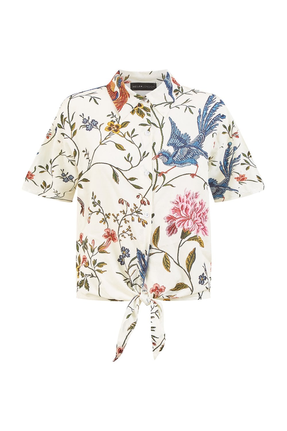 Yumi White Viscose Bird And Floral Print Tie Front Shirt Yumi