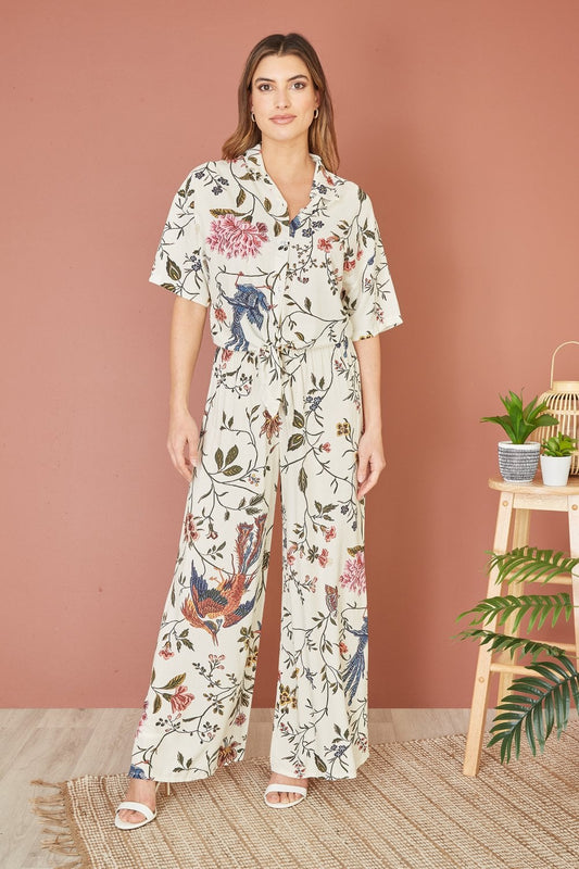 Yumi White Viscose Bird And Floral Print Wide Leg Trousers Yumi