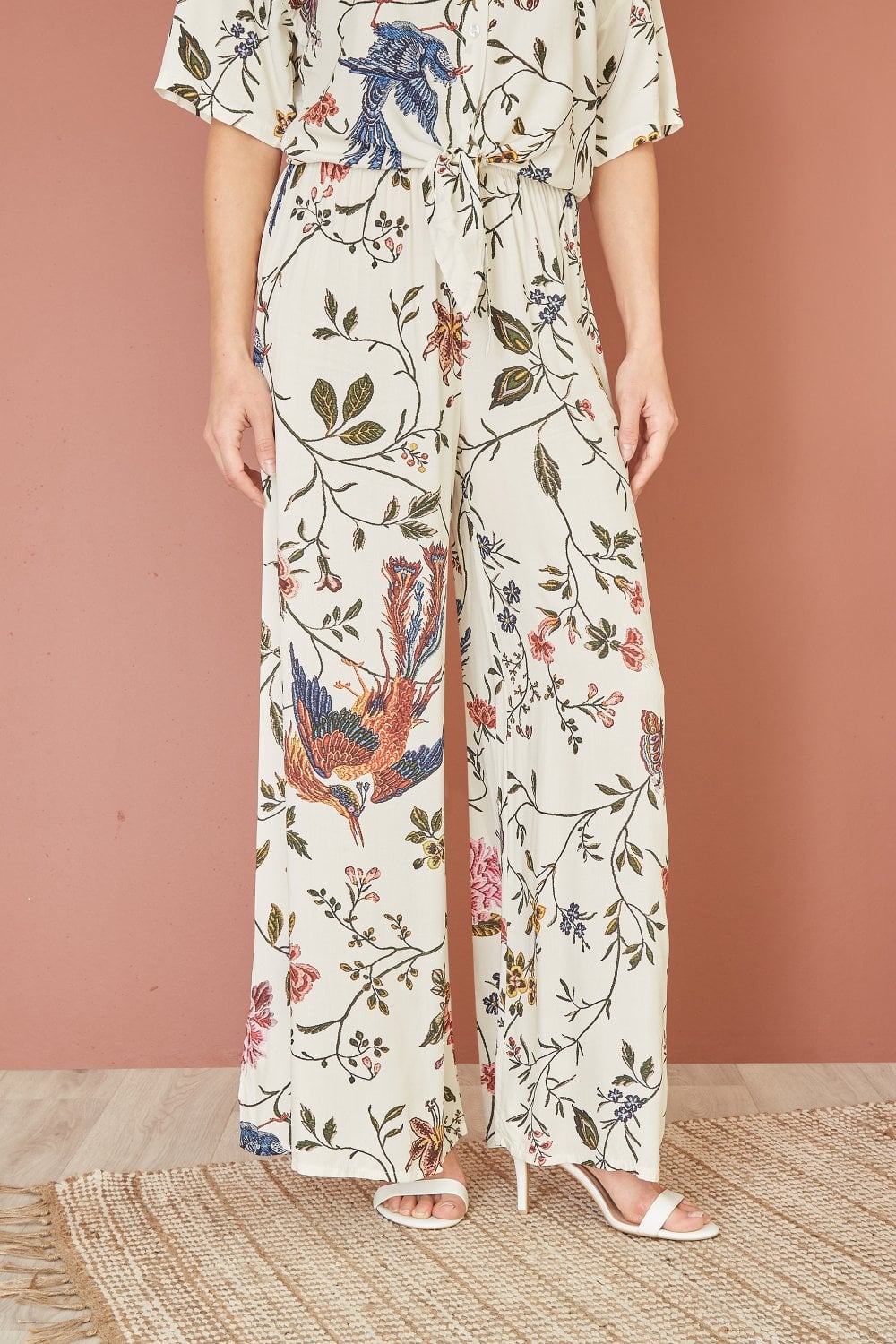 Yumi White Viscose Bird And Floral Print Wide Leg Trousers Yumi