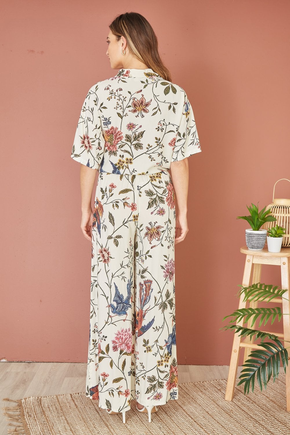 Yumi White Viscose Bird And Floral Print Wide Leg Trousers Yumi