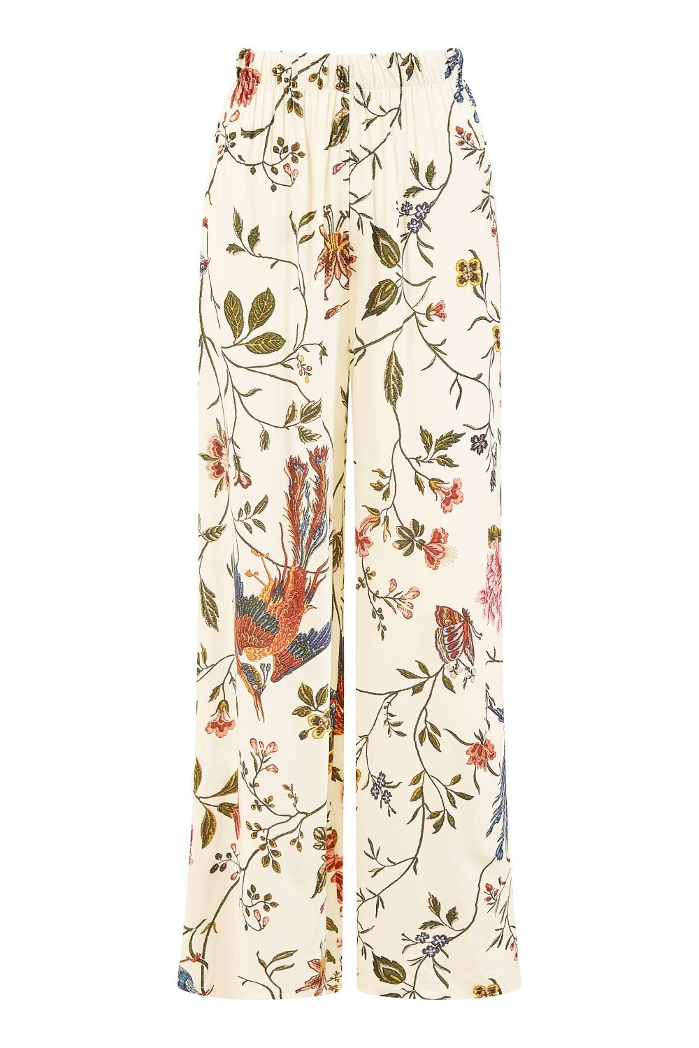 Yumi White Viscose Bird And Floral Print Wide Leg Trousers Yumi