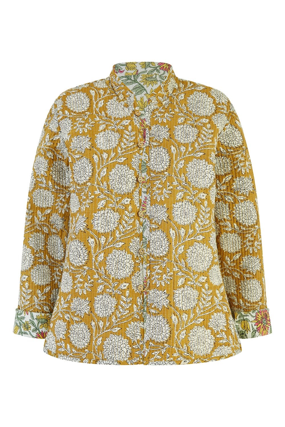 Yumi Yellow Floral Print Reversible Cotton Quilted Jacket Yumi