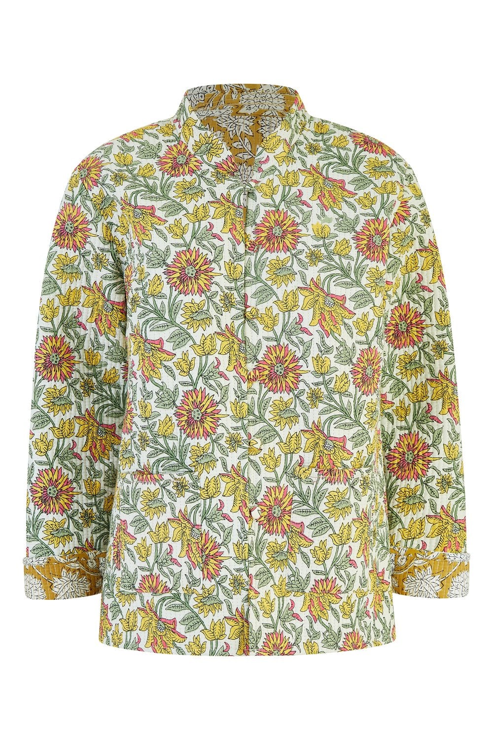 Yumi Yellow Floral Print Reversible Cotton Quilted Jacket Yumi