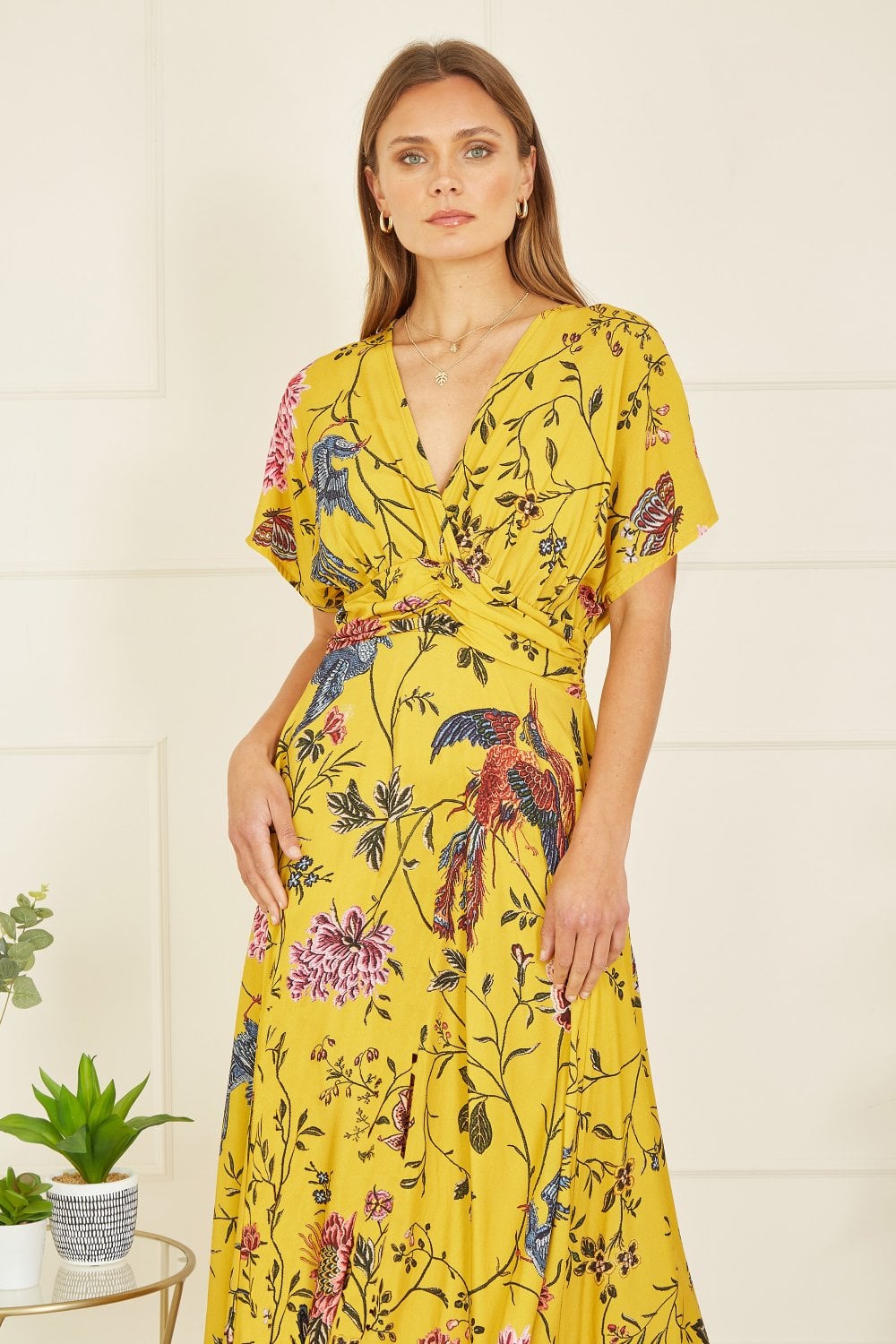 Yumi Yellow Viscose Bird And Floral Print Ruched Waist Midi Dress Yumi