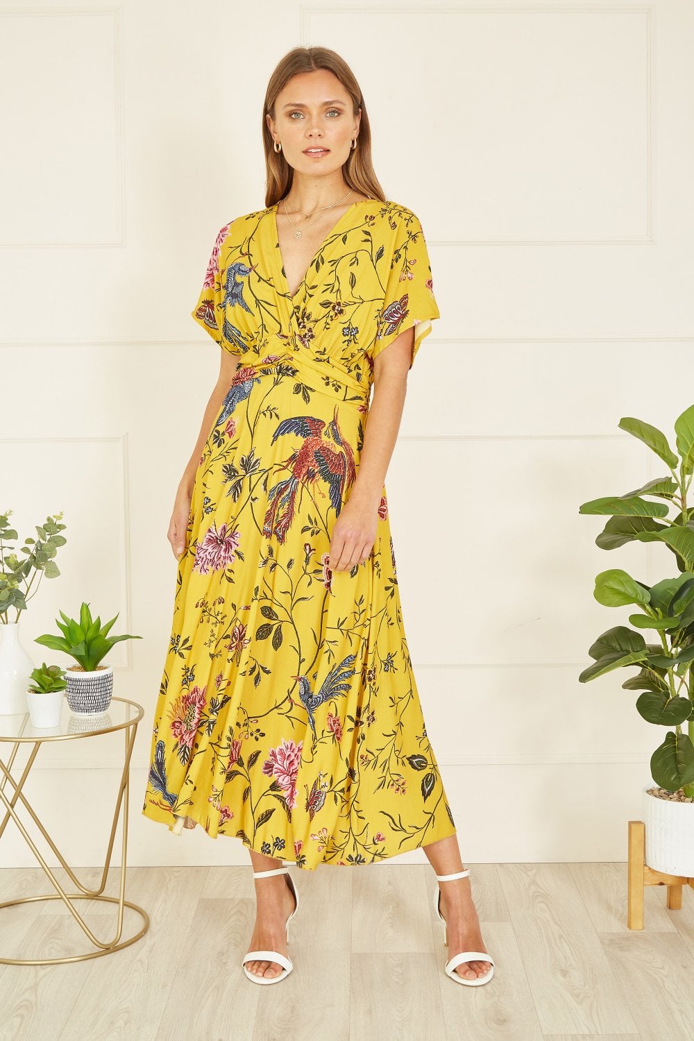 Yumi Yellow Viscose Bird And Floral Print Ruched Waist Midi Dress Yumi