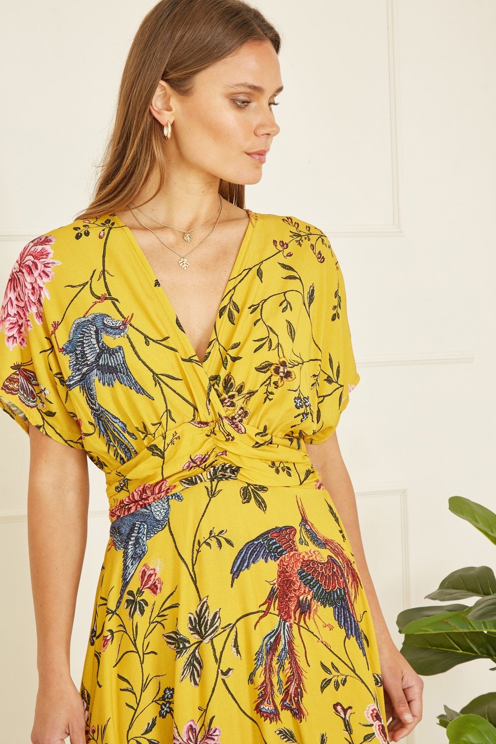 Yumi Yellow Viscose Bird And Floral Print Ruched Waist Midi Dress Yumi