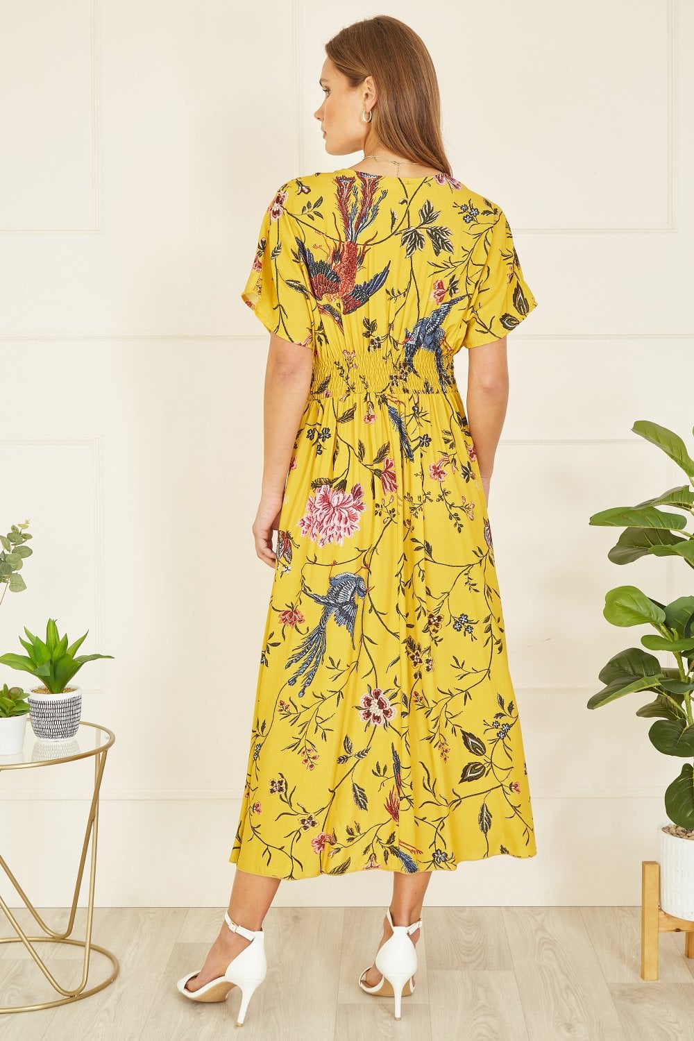 Yumi Yellow Viscose Bird And Floral Print Ruched Waist Midi Dress Yumi