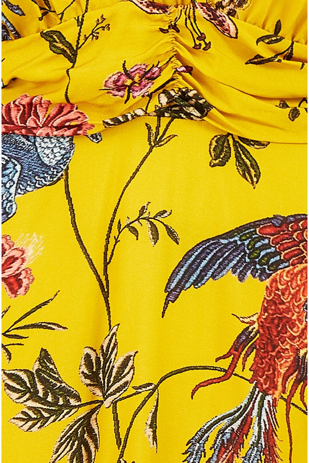 Yumi Yellow Viscose Bird And Floral Print Ruched Waist Midi Dress Yumi