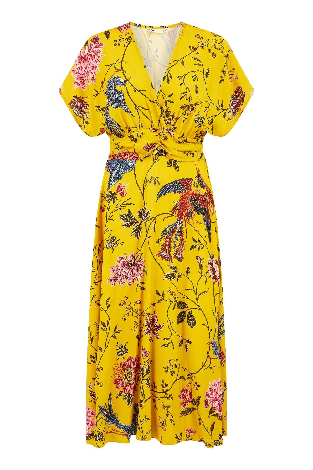 Yumi Yellow Viscose Bird And Floral Print Ruched Waist Midi Dress Yumi