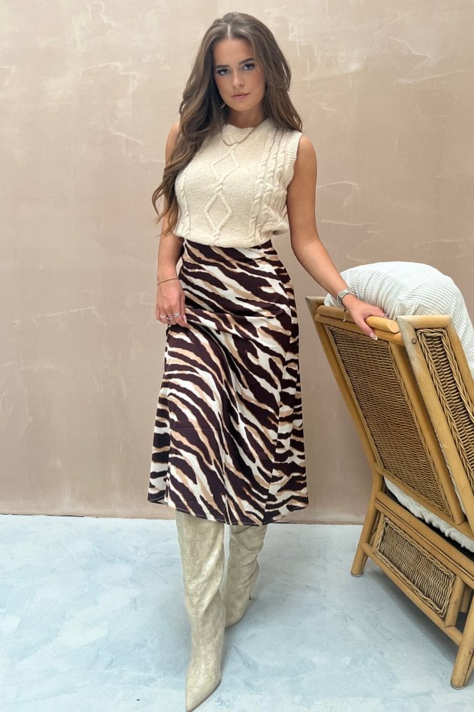 Azalea Brown Zebra Print Midi Skirt