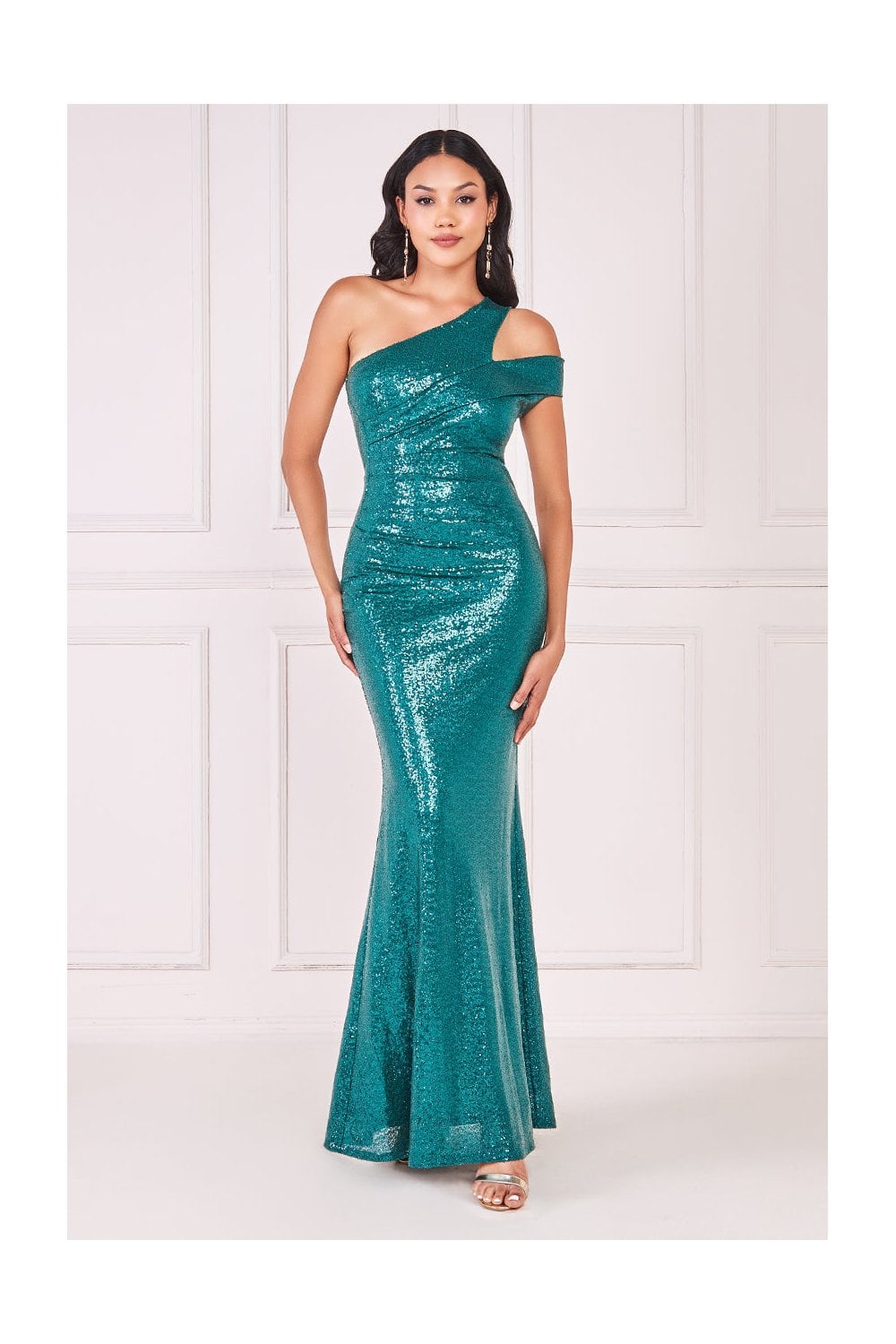 Goddiva One Shoulder Sequin Evening Maxi Emerald Women From Yumi Uk