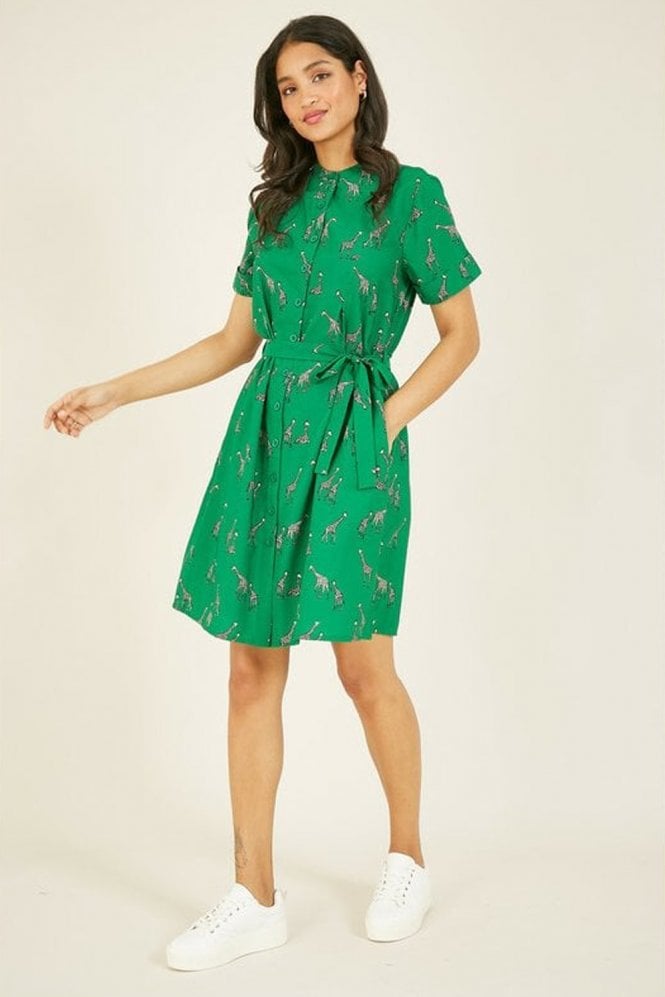 Green Giraffe Print Shirt Dress