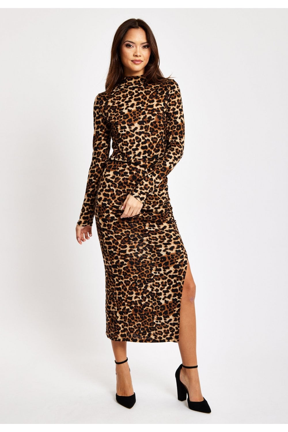 Liquorish Brushed Knit Leopard Print Midi Dress With Front Slit - Sale from Yumi  UK